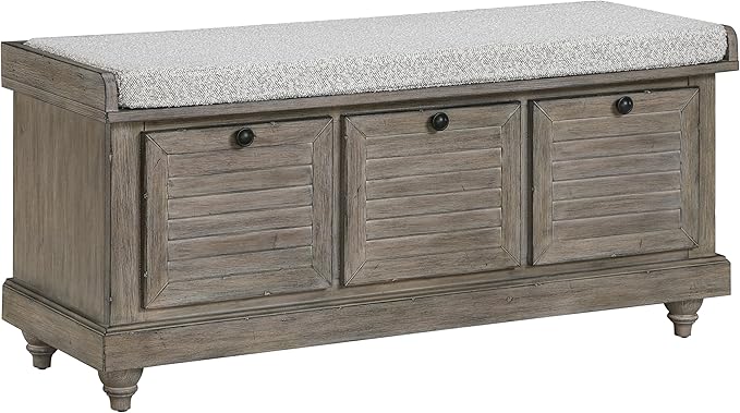OSP Home Furnishings Dover Coastal Lift-Top Storage Bench with Shutter Face Styling, Goldstone Finish with Salt and Pepper Cushion