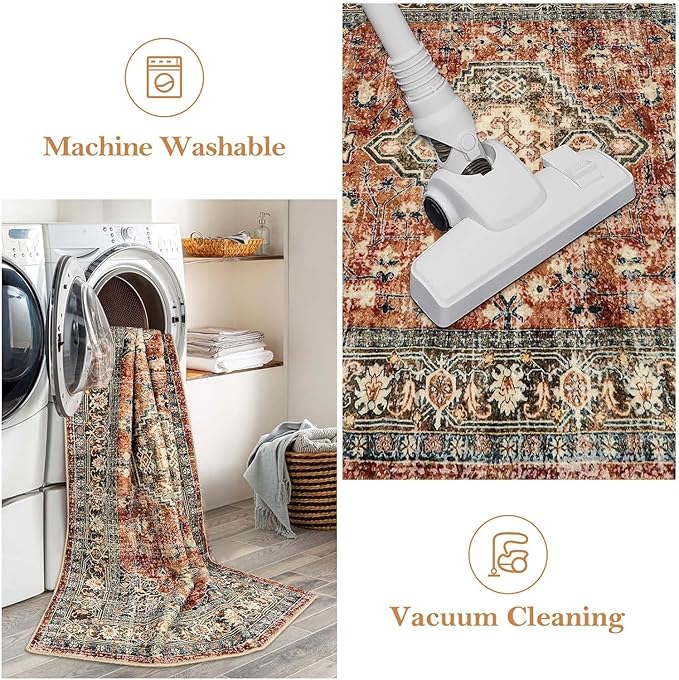 Lahome Oriental Kitchen Runner Rug Non Slip, 2x5 Washable Hallway Runner with Rubber Backing, Vintage Hallway Rug Ultra-Thin Soft Carpet for Bedroom Bathroom, Brick Red