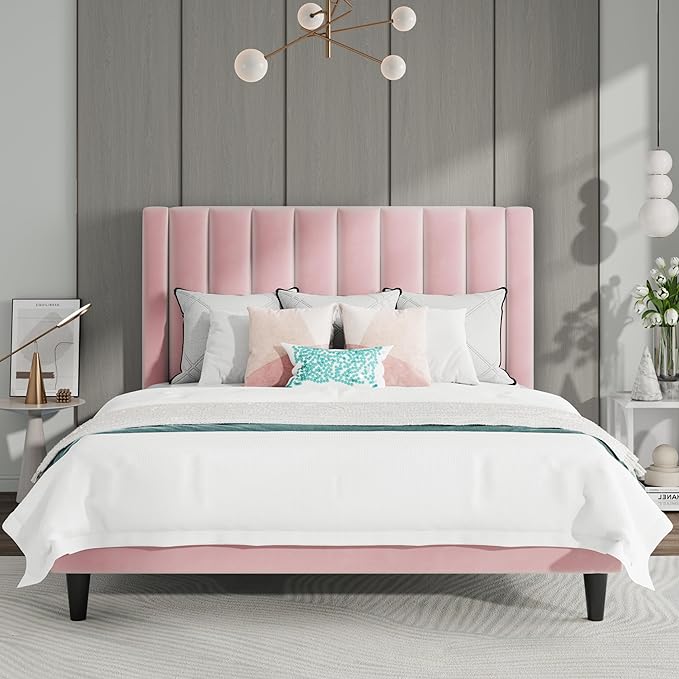 SHA CERLIN Queen Bed Frame/Velvet Upholstered Platform Bed Frame with Headboard/Strong Wood Slats Support/Mattress Foundation/No Box Spring Needed - Pink