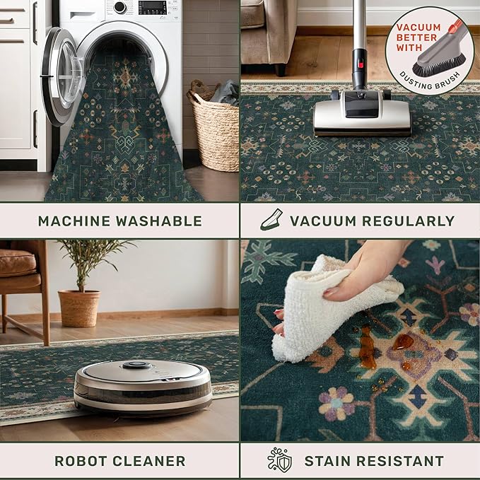 Vintage Dark Green 7x9 Dining Room Rugs for Under Kitchen Table - Washable Livinig Room Rug - Unique Floral Pastel Low Pile Non-Slip Area Rugs for Bedroom