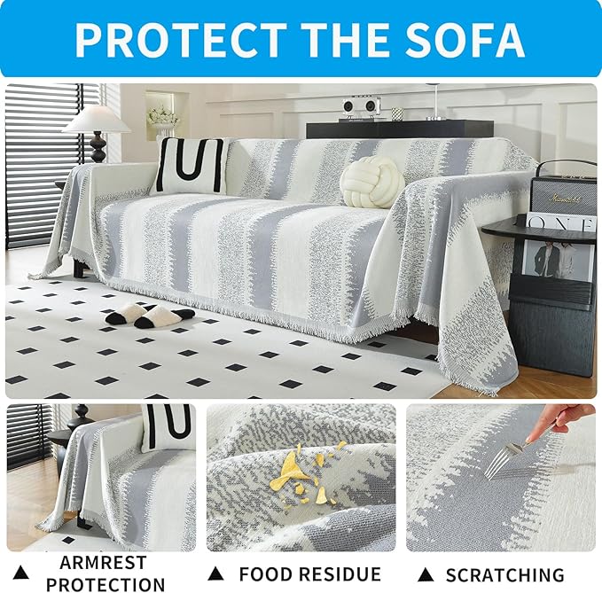 LUFEIJIASHI Boho Couch Covers for Sofa Non Slip Sofa Covers Washable Couch Covers for 3 Cushion Couch Sofa Pet Friendly Sectional Couch Cover Blanket Furniture Protector for Dogs (Grey, 91"x150")