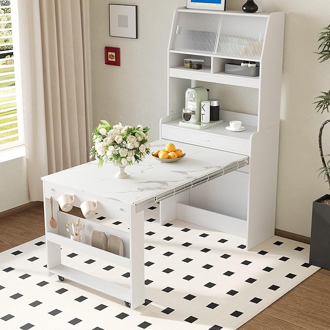 Merax Sideboard Buffet Cabinet with Foldable Dining Table, Multifunctional Cupboard with Storage Shelf and Hooks, for Small Places,Studio, Apartment