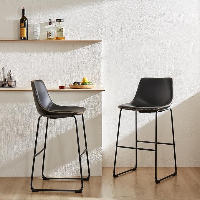 DUMOS 30 Inch Counter Height Bar Stools Set of 4, Modern Faux Leather High Barstools with Back and Metal Leg, Bar Chairs for Kitchen lsland, Elegant Black