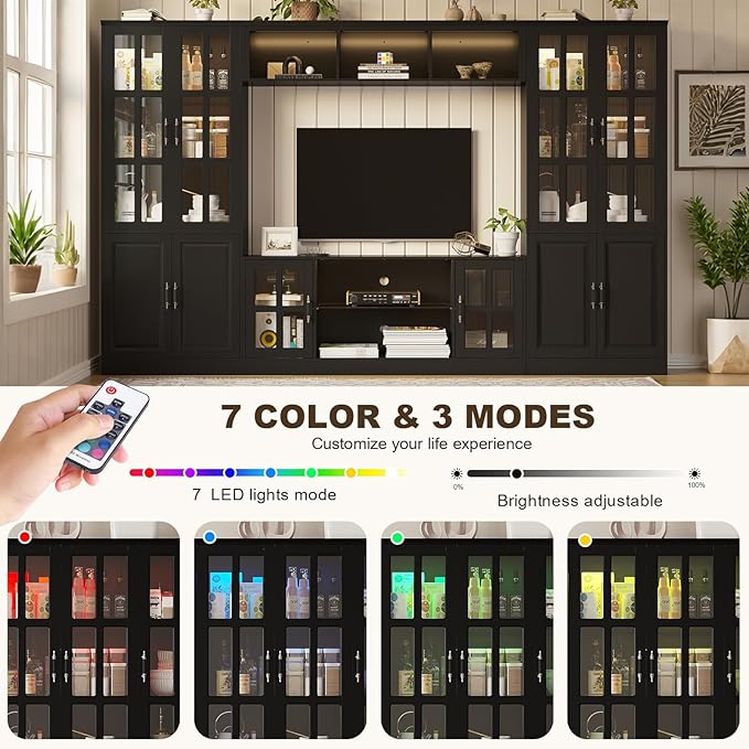 4-Piece Wall Unit TV Stand with Storage & LED Lights for TVs up to 75", Modern Entertainment Center with Bookshelves & 4-Door Pantry Cabinet, Black
