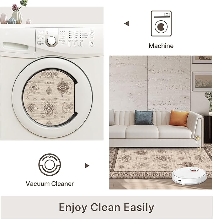 2X5 Area Rugs Machine Washable Rugs for Living Room, Vintage Boho Large Rugs for Bedroom Dining Room, Non Slip Indoor Soft Distressed Lightweight Thin Low Pile Carpet, Beige