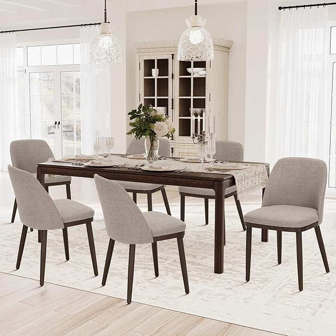 COLAMY Upholstered Dining Chairs Set of 6, Modern Kitchen Chairs with Back, Fabric Side Dining Room Chairs with Wood Legs for Kitchen Dining Room Restaurant, Camel