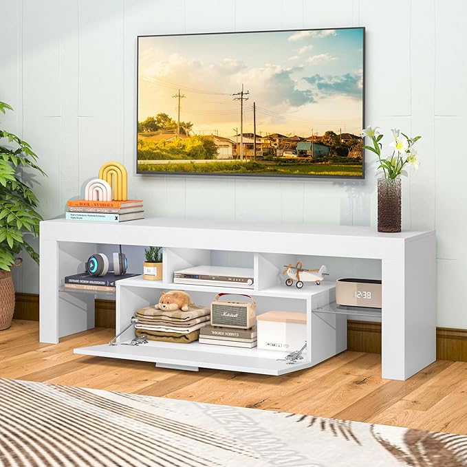 Clikuutory Modern Lighting 51 inch TV Stand with Large Storage Drawer for 32 40 50 55 Inch TVs, TV Console with 20 Color LED Lights, Entertainment Center Media and Open Shelf for Bedroom, White