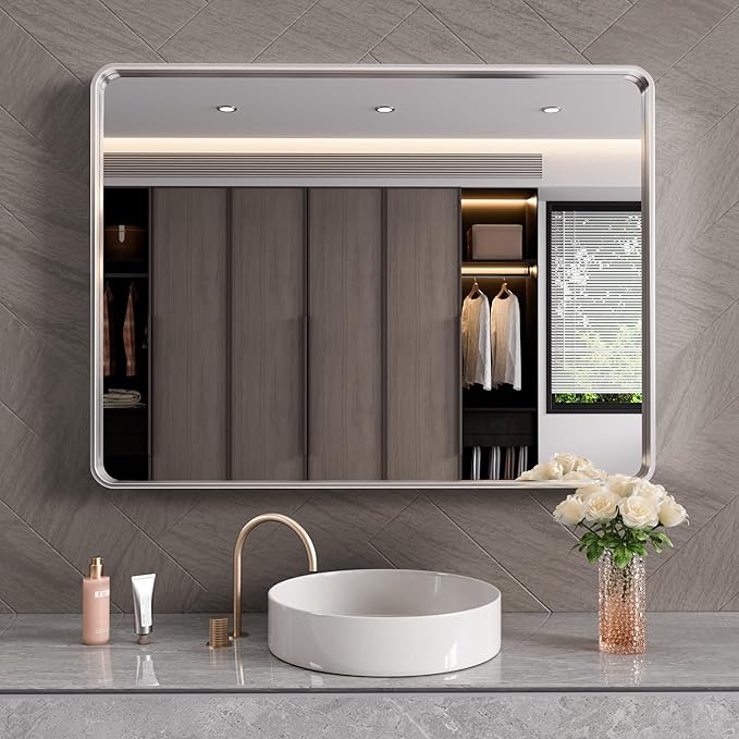Brushed Nickel Bathroom Mirror 40x30 Inch, Brushed Silver Metal Frame Mirror Wall Mounted, Rounded Rectangle Bathroom Vanity Mirror, Tempered Glass, Anti-Rust, Horizontal/Vertical
