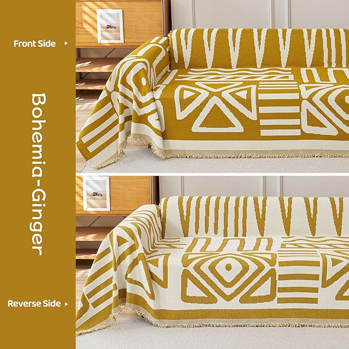 STACYPIK Boho Mustard Yellow Couch Cover Sofa Cover for Dogs Reversible Furniture Protector for 2 Cushion Couch Washable Sectional Sofa Covers Loveseat Cover Non Slip Pet Protector Cover-71X102IN