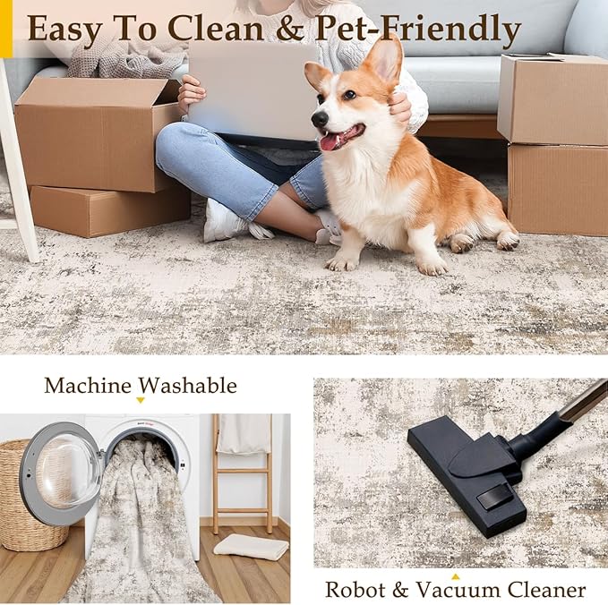 4x5 Washable Area Rug Brown Grey Neutral Abstract Entryway Kitchen Non Slip Low Pile Throw Rug Living Room Bedroom Indoor Doormat Soft Carpet for Entrance Bathroom Office