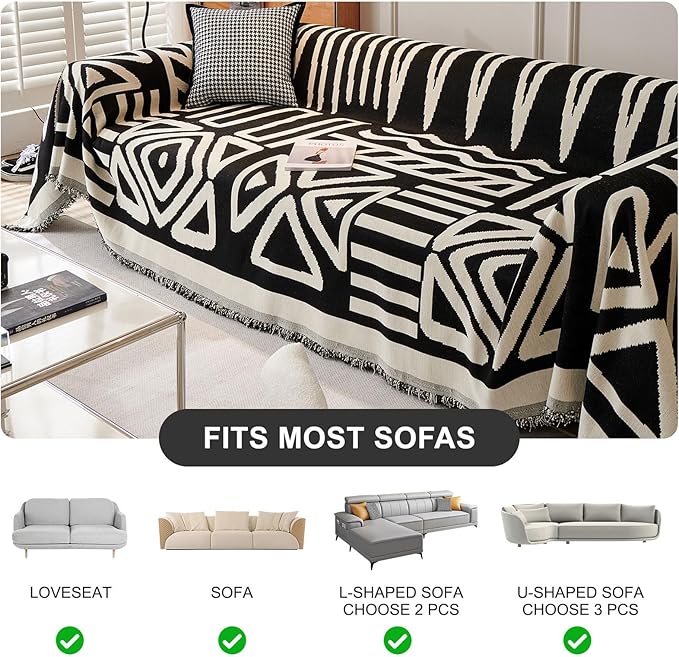 STACYPIK Modern Boho Sofa Cover for Dogs Chenille Couch Cover with Tassels Reversible Anti Slip Sofa Slipcover for 3 Cushion Couch Soft Black Beige L Shaped Cover Multi-Use Throw Blankets-71X134IN