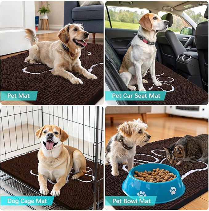OLANLY Door Mat for Muddy Dog Paws 47x24, Ultra Absorbent Chenille Mud Doormat with Paw Print Design, Non-Slip Washable Doormat for Indoor Entryway, Quick-Dry Pet Bed Mats for Dirty Dogs, Brown