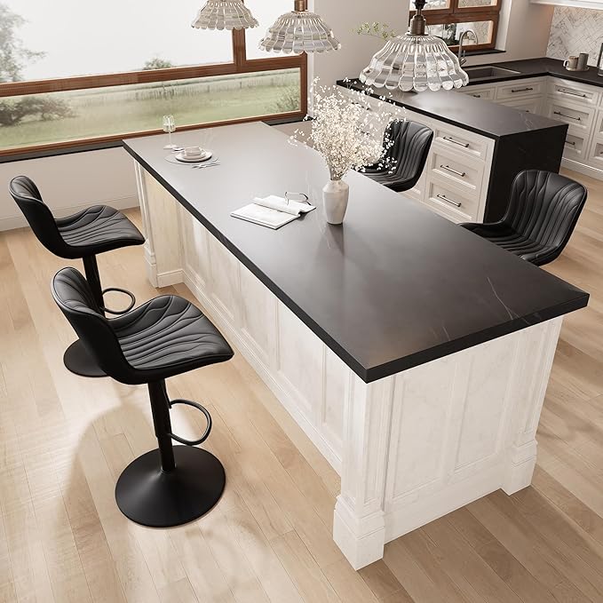 YOUNIKE Black Bar Stools Sset of 4 Modern Swivel Counter Height Bar Chair with Back Adjustable Kitchen Island Faux Leather Padded Barstools taburetes de bar Breakfast sillas para barra de cocina 4PCS