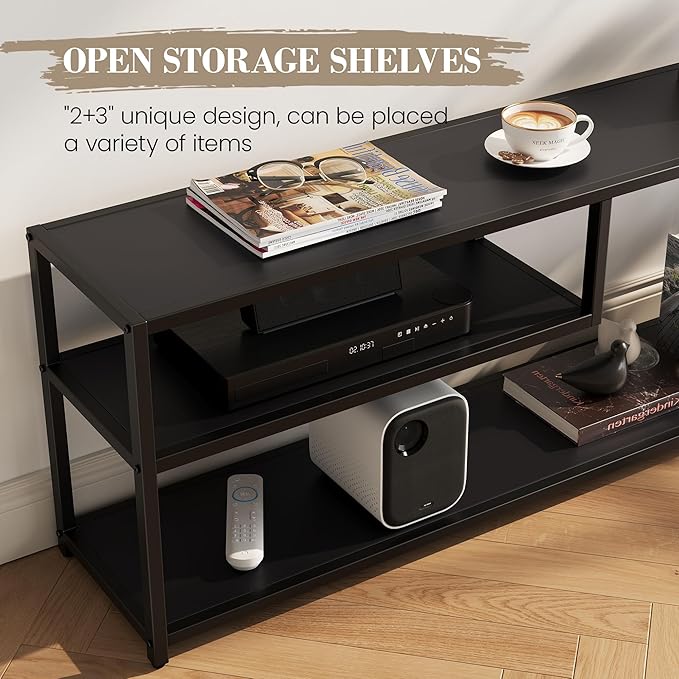 TECHMILLY Modern TV Stand for 65" TV, TV Table with Storage Shelves, Entertainment Center with Metal Frame, TV Console Table for Living Room, Bedroom, Black