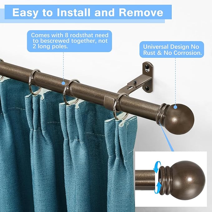 Curtain Rods for Windows 16 to 120 Inches, Curtain Rod Max Adjustable Length of 132 IN, 1" Diameter Drapery Rods Round Finials, Brown, Pack of 2