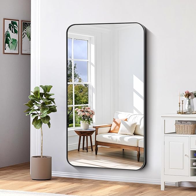 Bathroom Mirror, 30"x55" Black Rectangle Wall Mirror, Metal Frame Rounded Corner Vanity Mirror, Large Wall Mounted Mirror for Modern Bedroom Living Room Horizontal Or Vertical Mounting