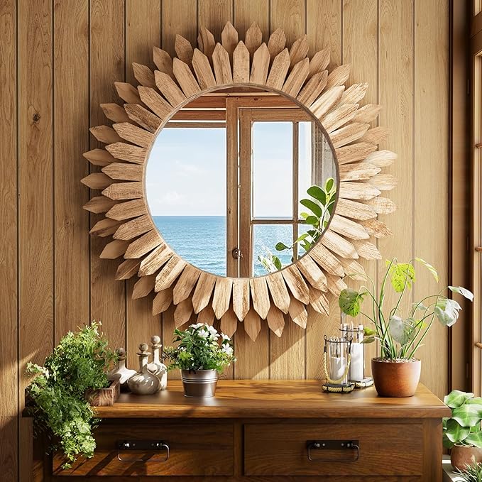 24 Inch Brown Boho Wall Decor Sunburst Mirror - Round Wooden Wall Decor, Handmade Rustic Circular Mirror for Living Room, Bedroom, Entryway, Office
