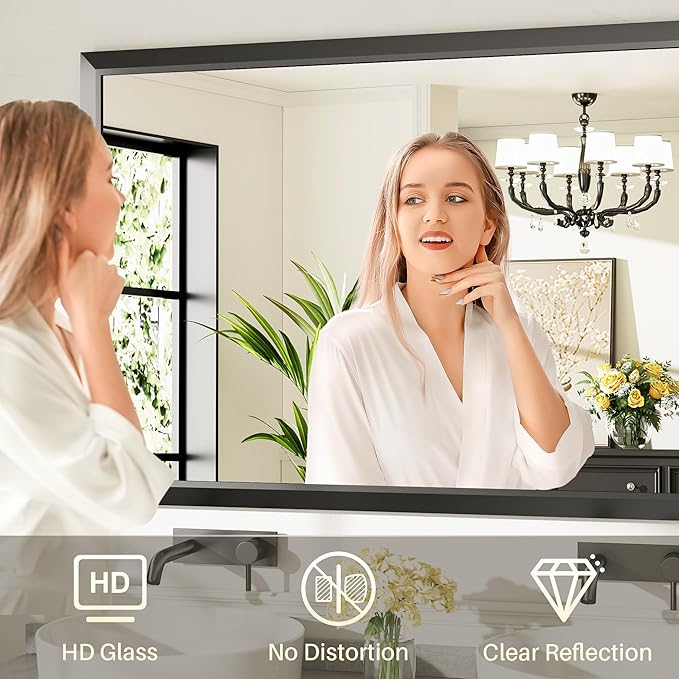 72x32 Inch Black Bathroom Mirror for Wall, Thick Metal Framed Rectangle Mirrors for Over Sink, Bedroom, Living Room, Entryway, Anti-Rust, HD Tempered Glass