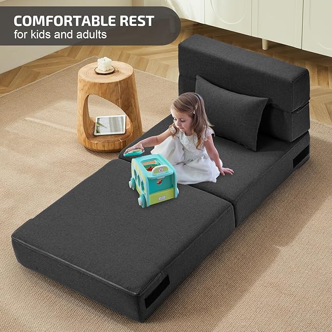 Folding Sofa Bed with Pillow- Convertible Chair Floor Couch & Sleeping Mattress, Foldable Memory Foam Sleeper for Living Room/Dorm/Guest Room/Home Office/Apartment/Loft, Single26, Dark Gray