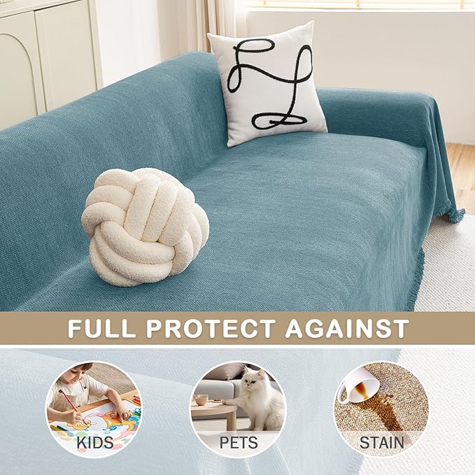 hyha Couch Cover for Dogs, Boho Sofa Covers for 3 Cushion Couch Washable, Chenille Sofa Slipcover for Pets, Soft Loveseat Sectional Couch Throw Blankets with Tassels (Blue, 71x134 Inch)