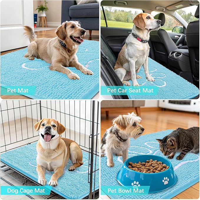OLANLY Door Mat for Muddy Dog Paws 36x24, Ultra Absorbent Chenille Mud Doormat with Paw Print Design, Non-Slip Washable Doormat for Indoor Entryway, Quick-Dry Pet Bed Mats for Dirty Dogs, Blue