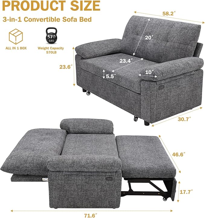 Vipbear 3-in-1 Chenile Convertible Sofa Bed, Pull Out Sleeper Sofa with USB Charging Station/Reclining Backrest/Side Pocket, Loveseat for Living Room, Apartment, Tool-Free Assembly, Dark Grey