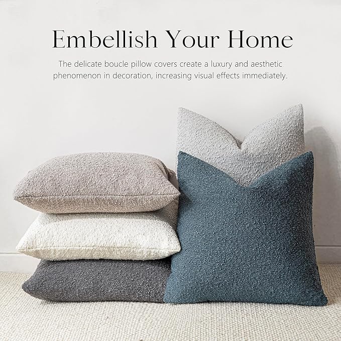 Foindtower Pack of 2 Modern Textured Boucle Throw Pillow Covers Accent Solid Decorative Lumbar Pillow Cases Cozy Couch Cushion Case for Chair Sofa Bedroom Living Room Home Decor, 12 x 20 Inch,Blue