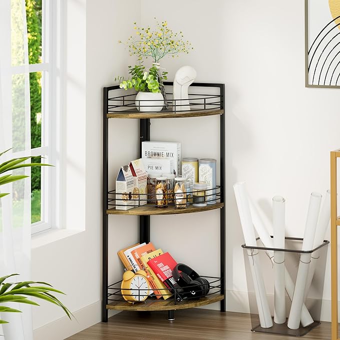 Bathroom Corner Shelf Stand, 3-Tier Small Corner Shelves, Triangular Curved Standing Bathroom Shelf Unit for Small Spaces, Ideal for Kitchen, Vanity Storage and Organization - Brown