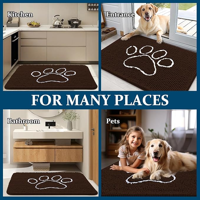 OLANLY Door Mat for Muddy Dog Paws 36x24, Ultra Absorbent Chenille Mud Doormat with Paw Print Design, Non-Slip Washable Doormat for Indoor Entryway, Quick-Dry Pet Bed Mats for Dirty Dogs, Brown