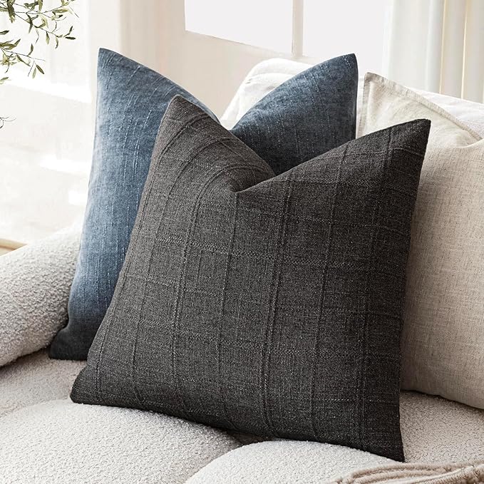 Foindtower Set of 2 Decorative Linen Check Throw Pillow Covers Neutral Farmhouse Vintage Cushion Covers Modern Boho Home Decor for Sofa Chair Couch Bedroom Living Room Outdoor,16×16 Inch,Charcoal