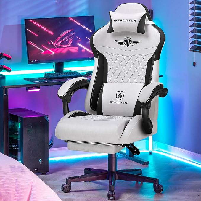 GTPLAYER Gaming Chair, Video Game Chairs with Footrest and Lumbar Support, Computer Chair for Adults with Extended Backrest, Ergonomic Reclining Silla Gamer, Fabric, Grey