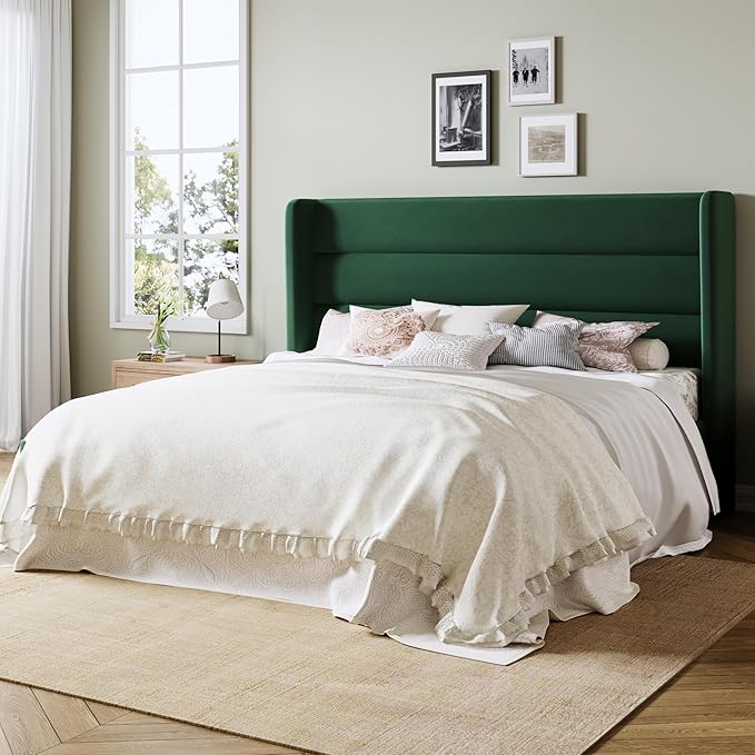Allewie Queen Size Platform Bed Frame with Velvet Upholstered Wingback Headboard, No Box Spring Needed, Under Bed Storage Space, Strong Wooden Slats, Modern Mattress Foundation, Easy Assembly, Green