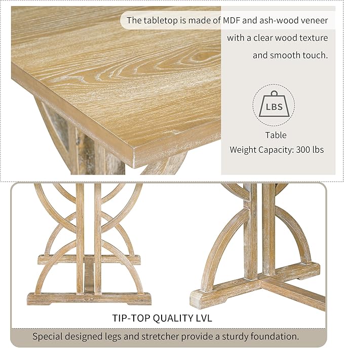 Ball & Cast 6-Piece Dining Table Set, 60" Rectangular Dining Table with 4 Upholstered Chairs & 1 Bench for Dining Room and Kitchen Natural Wood Wash