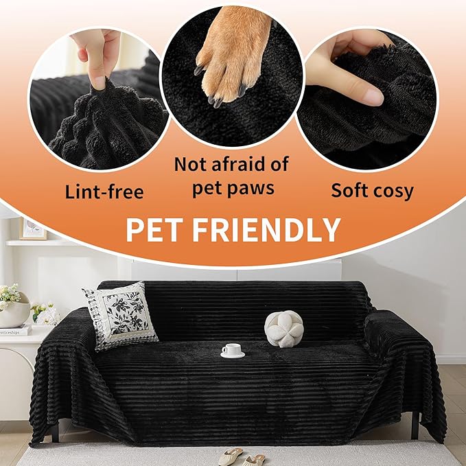 HAOMAIJIA Faux Fur Sofa Covers Couch Covers for 3 Cushion Couch Sofa Pet Friendly Soft Non Slip Couch Cover for Dogs Washable Sectional Couch Covers L Shape Furniture Protector (Black, 91"x150")