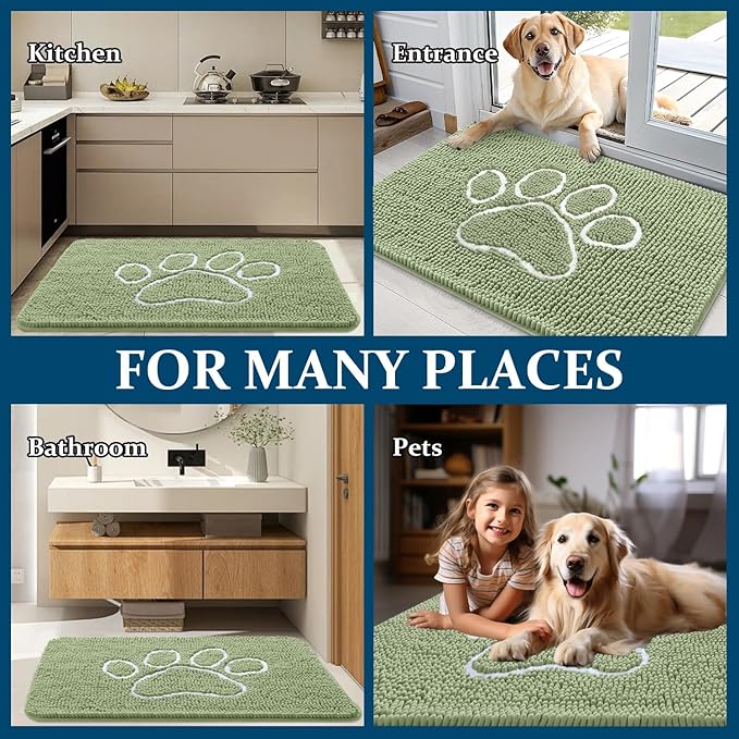 OLANLY Door Mat for Muddy Dog Paws 36x24, Ultra Absorbent Chenille Mud Doormat with Paw Print Design, Non-Slip Washable Doormat for Indoor Entryway, Quick-Dry Pet Bed Mats for Dirty Dogs, Sage Green