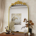 Vintage Arched Wall Mirror, 26x38 inch Retro Arch Bathroom Mirror, Carve Pattern Top Wall Mounted Vanity Mirror with Metal Frame, Bathroom Mirror Hanging or Leaning, Gold