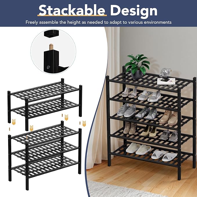 Haddockway 2 Tier Bamboo Shoe Rack Storage Organizer, Multifunctional Free Standing Stackable Shoe Shelf with Grid Panel for Closet,Hallway,Entryway,Small Space 27"x11"x13" (Black, 2 Tier)