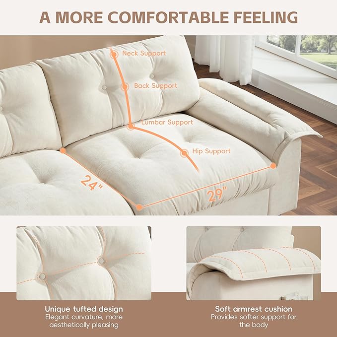Mreax L-Shape Sectional Sofa with Movable Storage Ottoman and Multifunctional Armrest, 4 Seater Oversized Chenille Upholstered Cloud Couch for Living Room, Apartment, Unique Tufted Design, Beige