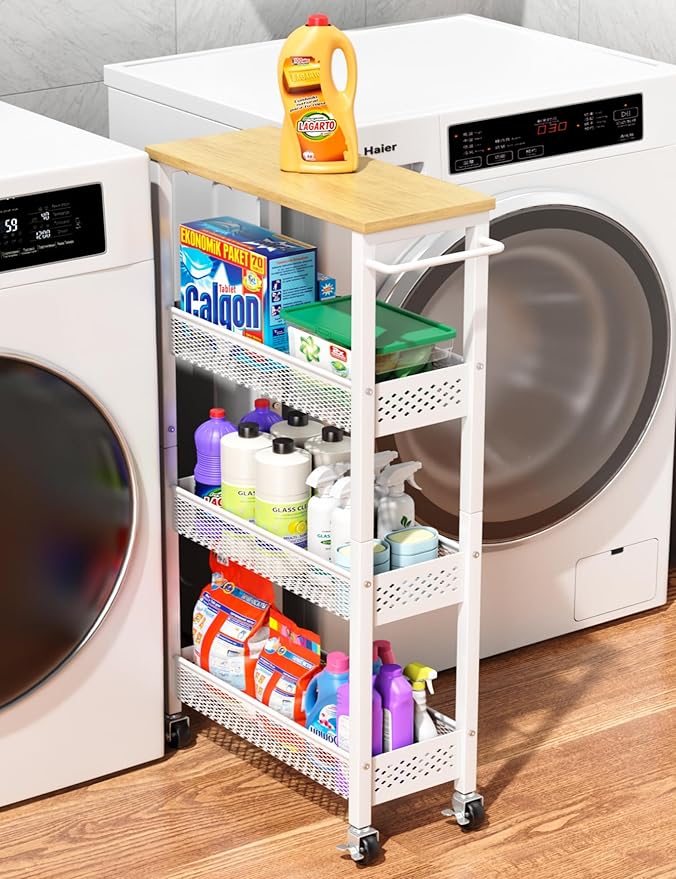 Utility Slim Storage Cart, 4 Tier Small Rolling Kitchen Laundry Room Cart with Wood Top, Metal Narrow Bathroom Storage Cabinet Mobile Shelf Unit Organizer Trolley with Handle for Narrow Space