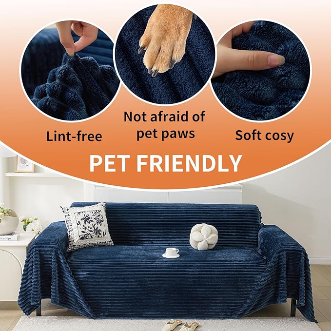 HAOMAIJIA Faux Fur Sofa Covers Couch Covers for 3 Cushion Couch Sofa Pet Friendly Soft Non Slip Couch Cover for Dogs Washable Sectional Couch Covers L Shape Furniture Protector (Navy Blue, 71"x134")
