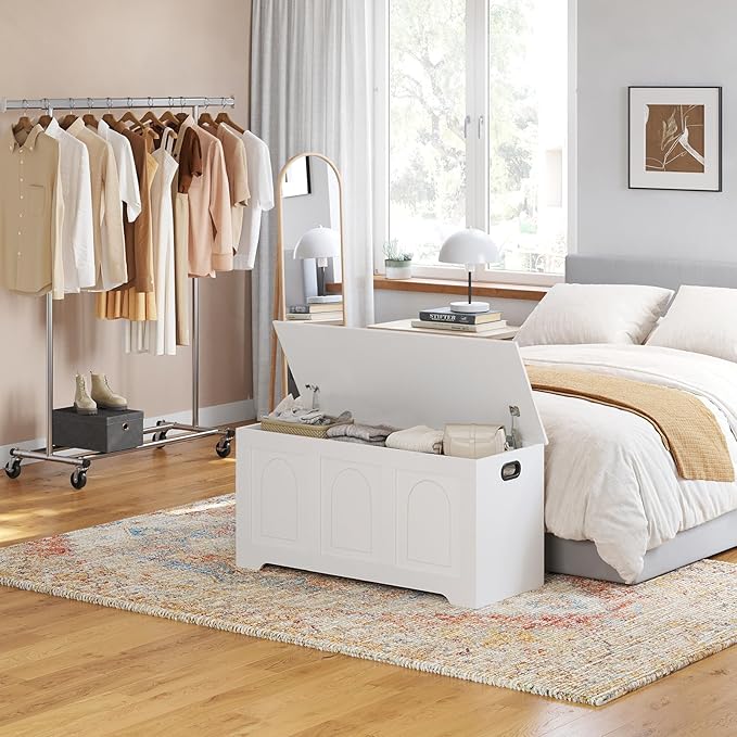 DINZI LVJ Storage Chest, 39.4”Wooden Storage Box with 2 Safety Hinges, Entryway Shoe Bench with Flip-Top, Trunk for Living Room, Bedroom, Easy Assembly, White
