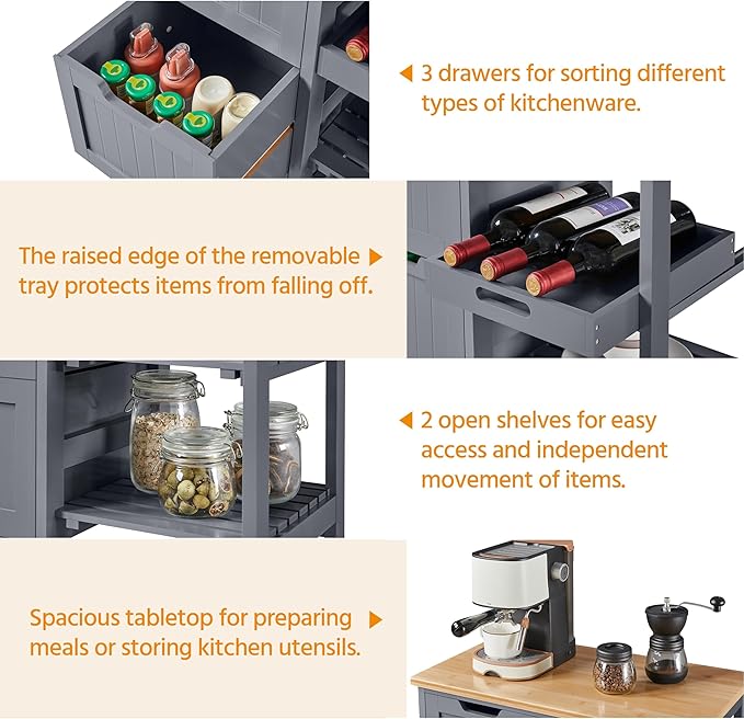Yaheetech Kitchen Island Cart on Wheels with Storage, Rolling Bar Cart with Solid Wood Top and 3 Drawers, 3 Removable Shelves, Serving Utility Carts for Dining Room/Small Kitchen, Dark Gray