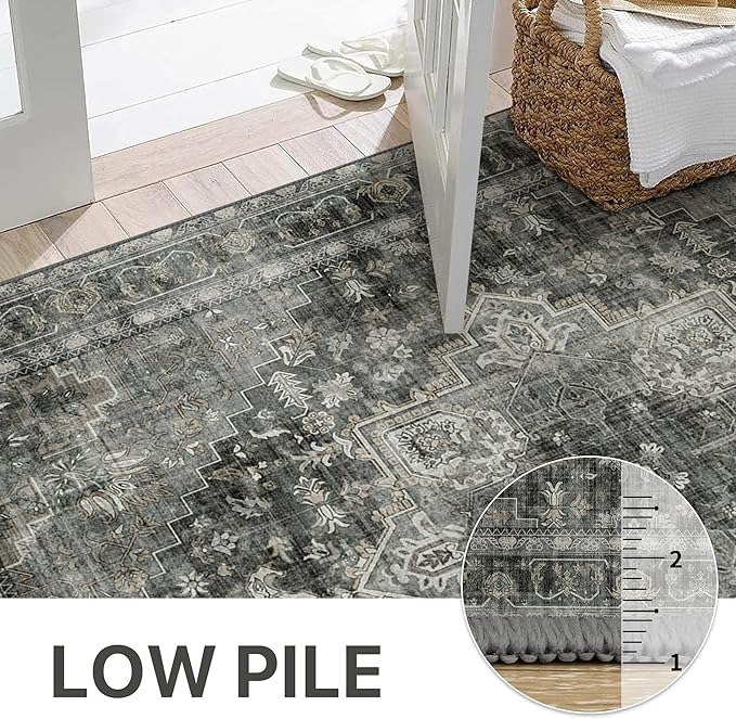 GENIMO 8x10 Area Rugs for Living Room, Machine Washable Non Slip Vintage Rugs, Low Pile Lightweight Chenille Print Rug for Bedroom, Dining Room, Home Office, Charcoal Gray