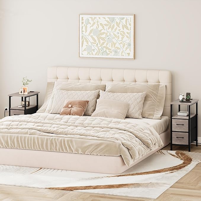 Vagusicc End Table with Charging Station, Narrow Side Table, 23.8'' Tall Nightstand with 2 Fabric Drawers, Small Sofa Side Table Narrow Nightstand for Small Spaces, Living Room, Bedroom, Rustic Grey