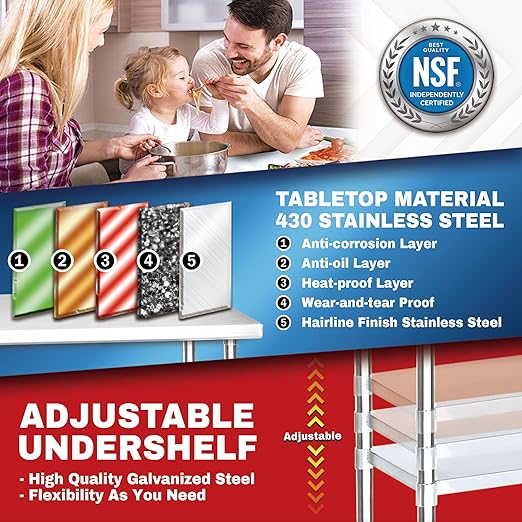 DuraSteel Food Prep Stainless Steel Table - 24 x 36 Inch Commercial Metal Workbench with Adjustable Under Shelf - NSF Certified - for Restaurant, Warehouse, Home, Kitchen, Garage