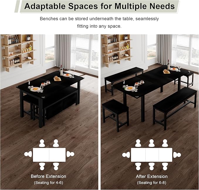 Feonase 5-Piece Dining Table Set for 4-8 People, 63" Large Extendable Kitchen Table Set with 2 Benches and 2 Square Stools, Dining Room Table with MDF Wood Board, Easy Assembly, Black