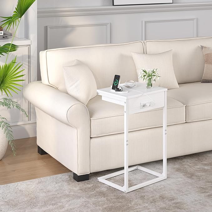 C Shaped End Table with Charging Station, 45° Tiltable Adjustable Flip Top Side Table with Storage,Small C Table for Small Spaces,Slide Under Couch Sofa Bedside Table for Living Room,White