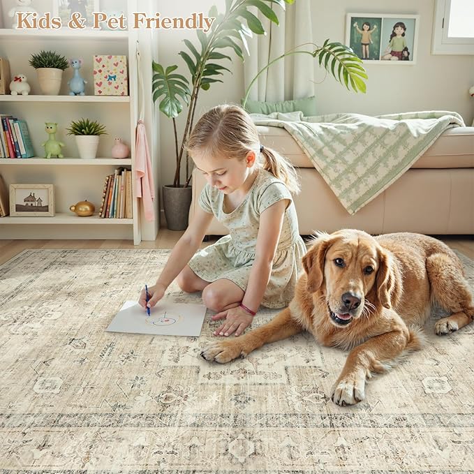 LIVEBOX Entryway Rug 3x5 Washable Area Rugs for Kitchen Bathroom, Non-Slip Front Door Mat for Bedroom, Boho Low-Pile Carpet Farmhouse Throw Indoor Mats for Bath Laundry Room, Tan