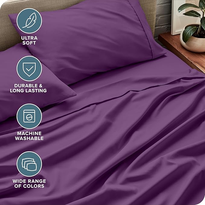 Bare Home Queen Sheet Set - Luxury 1800 Ultra-Soft Microfiber Queen Bed Sheets - Double Brushed - Deep Pockets - Easy Fit - 4 Piece Set - Bedding Sheets & Pillowcases (Queen, Plum)