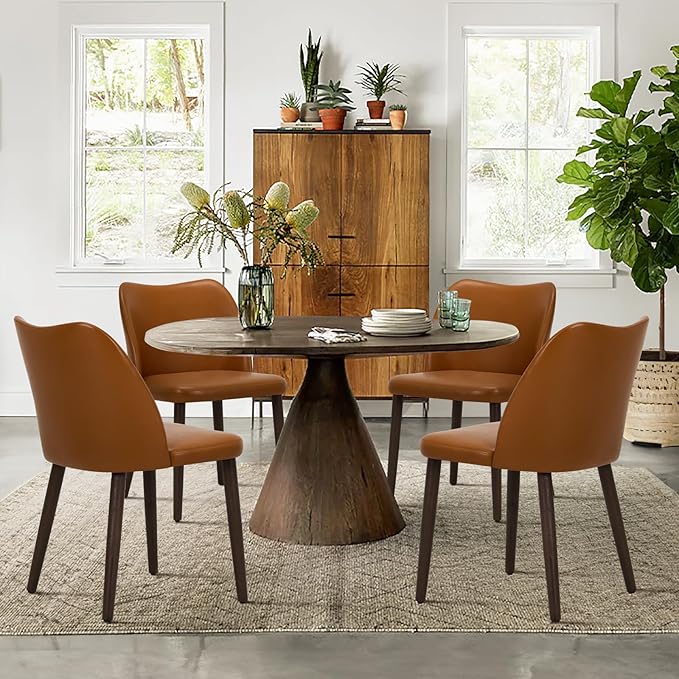 COLAMY Upholstered Dining Chairs Set of 4, Modern PU Leather Dining Room Kitchen Side Chair with Padded Seat and Wood Legs Restaurant/Cafe,Light Brown